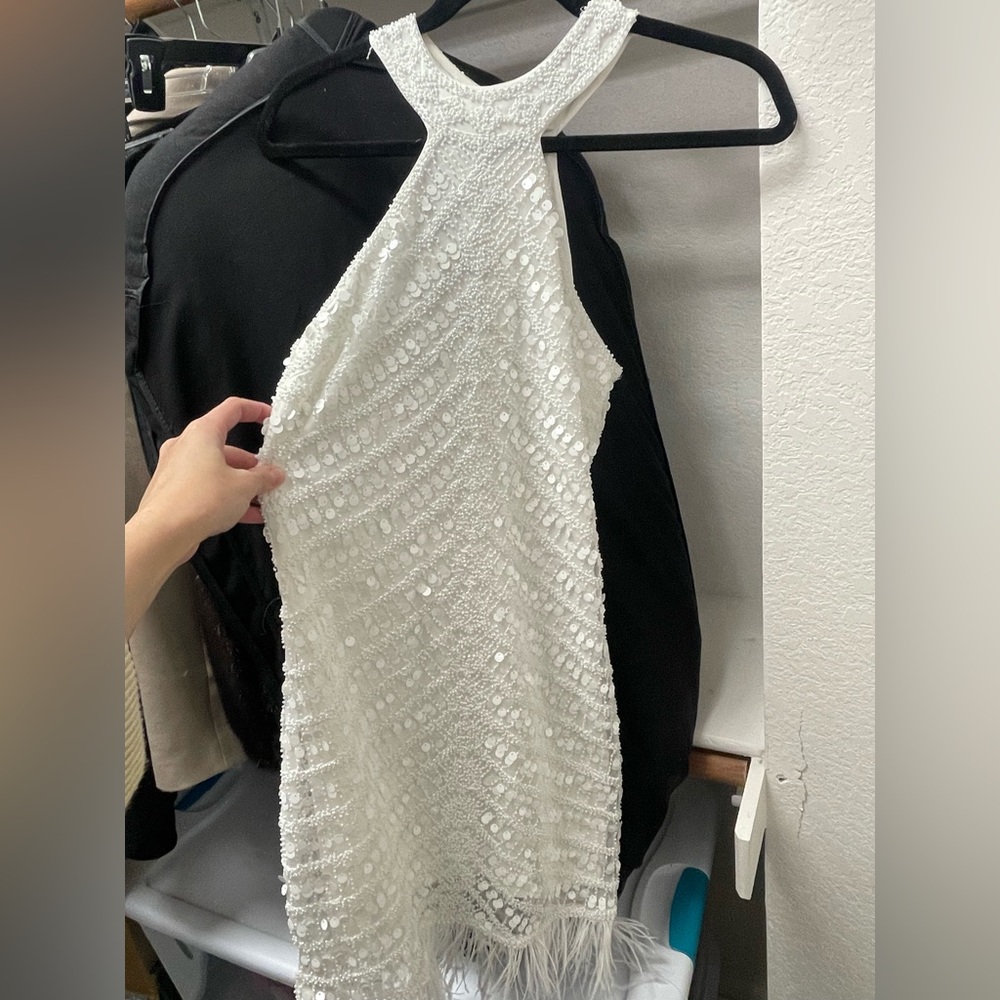 Lulus white sequin feather dress